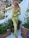 Summer Y2K Print Mesh Long Sleeve Top Shirts And Maxi Skirt Set Bodycon Sexy Beach Party Outfits Women Two Piece