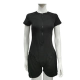 Zingj New Women's Round Collar Solid Color Short Sleeve Zipper Short Jumpsuit Dress
