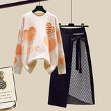 Lazy Sweater Two Piece set Women Sweet Heart-shaped beaded Pullover Jumper Top + Irregular Striped Skirt Knit 2PCS