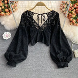 Lace Hollow Out Blouse Women Summer V-Neck Puff Sleeve Backless Tops Casual Korean Slim Lace Up Solid White Crop