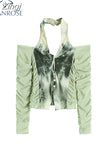New Autumn Vintage Gauze Hollow V-Neck Off-Shoulder Green Tie Dyed E-girl Crop Tops Women's Party Club Sexy T-Shirt