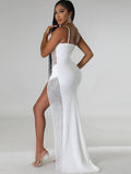 Sexy Blue Rhinestone Crystal Patchwork High Split Maxi Dress New Women Sleeveless Strap Night Clubwear Long