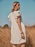 V-neck Button A-line Dress Solid High Street Ruffled Sleeveless Mini Dresses Casual High Waist Holiday Beach Dresses