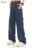 Vintage Baggy Jeans Women's Pockets Wide Leg Cargo Pants Y2k Streetwear Harajuku Casual High Waist Denim Straight