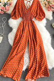 Sexy Polka Dot Romper Women Elegant V-Neck Puff Short Sleeve High Waist Jumpsuit Female Loose Wide Leg Playsuits
