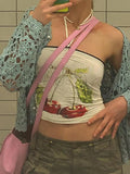 Y2K Kawaii Aesthetics Cherry Print Ruched Halter Tops 2000s Fashion Cute Off Shoulder Sleeveless Graphic Tank Top