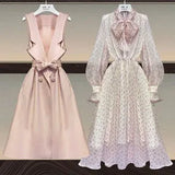 Women Suit Long Vest Jacket Coat Top And Floral Print Chiffon Dress Two Piece Set Elegant Outfit Office Ladies