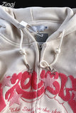 Fall Winter Women Zipper Design Drawstring Tie Up Letter Pattern Sweatshirts Baggy Long Sleeve Classic Hip-hop Hoodies