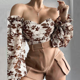 Floral Print Strapless Chiffon Shirt Fashion Women Off Shoulder Halter Sexy Blouse Shirt Summer Backeless Tops