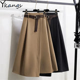 Women elastic High waist Long Skirt Autumn Harajuku Vintage Solid Sashes Pleated Skirt Office Korean Fashion Irregular Plus