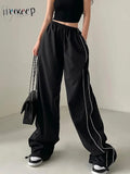 Baggy Black Sweatpants Basic Low Rise Pants Side Stripe Patchwork Jogging Trousers Women Streetwear y2k Aesthetic