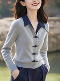 Chinese Style Gray Polo Collar Knitted Shirt Autumn Women 2025 New Small Small Small