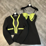2022 Spring Long Sleeve Slim Blazer Bow Strapless High Waist Short Dress Women Two Piece Set