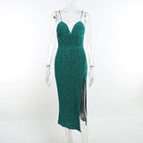 Women's Tight Spaghetti Strap Shiny Split Midi Party Dresses Solid 2022 Summer V-neck Tunics Female Evening Cocktail