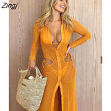 Sexy Deep V-neck Maxi Dress Women Orange Hollow Out Single Breasted Dress Female Summer Bodycon Party Clubwear