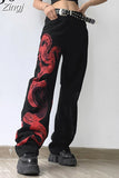 Chinese Style Vintage Dragon Printed Black Baggy Jeans Streetwear Grunge High Waist Pants Women Jeans Hip Hop