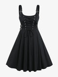Gothic Lace Up Buckles A Line Sleeveless Dress Women Solid High Waisted