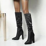 Women Boots Fashion Pleated Knee High Boots Pu Leather Square High Heel Long Boots Slip On Winter Boots Shoes