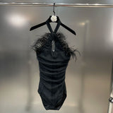 New Collection Sleeveless Halter Mesh Feathers Hollow Out Bust Halter Slim Sexy Black Bodysuits Women Romper