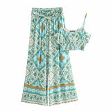 Queens Women Green Floral Print Sleeveless Tops Bohemian Wide Leg Pants 2 Pieces Rayon Boho