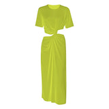 Summer Fashion Women Round Neck Hollow Out Kintted Short Sleeve Green Mid-calf Slim Dress Female Fake Two Piece