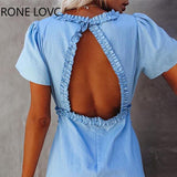 Women V-Neck Frill Hem Ruffles Backless Dress Ruffles Hem Dress Elegant Fashion Chic