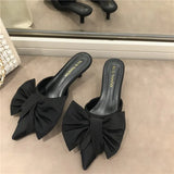 Spring Pointed Toe Stiletto Heel Kitten Heels Bow Heel-Free Slippers for