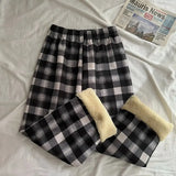 Fashion Warm Plush Pants Thick Plaid Women Winter Casual Loose Wide Leg Trousers Korean Streetwear Straight Student