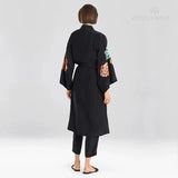 Black Elegant Embroidered Self Belted Long Kimono Long Sleeve Plus Size Women Clothing Summer Beach Wear Maxi Dress