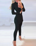 Warm Solid Long Sleeve Slit Knitted Sweater With Skinny Long Pants Suit Women's Elegant 2 Piece Outfits Sets