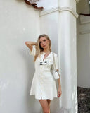 White Knit Short Sleeve Buttoned Mini Dress-Outfit