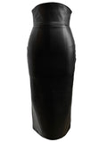 Spring Midi Black Soft Pu Leather Pencil Skirt Women with Back Slit Belt High Waist Long Office Skirts Fashion