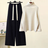 Winter Warm Knitted Suit Women Long Sleeve Half Turtleneck Knitting Sweater And Wide Leg Pants Sets Outer Wear Loose