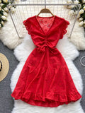 Women Hollow Out Drawstring Dress Sexy V-Neck Sleeveless High Waist A-Line Ruffle Hem Draped Vestidos