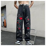 And American Hip Hop Stereo Rose Embroidered Jeans Men Y2K Street New Popular Pants Couple Loose Wide-Leg Pants
