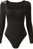 Women Square Neck Casual Bodysuits Tops Ribbed Solid Slim Fit Long Sleeve Short Jumpsuits Clubwear Streetwear