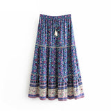 Queens Women Beach Floral Print Tassel Bohemian Skirts High Elastic Waist A-Line Boho Maxi Skirt
