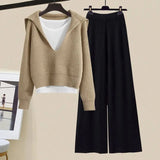 Winter Women Clothing Korean Casual Vest+knitted Sweaters+wide Leg Knitting Wide Leg Pants Sets Ladies Warm Knitwears