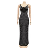 Sexy Black Mesh Crystal Patchwork Maxi Dress New Women Sleeveless See Through Bodycon Clubwear Long Dress