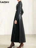 Spring Autumn Long Black Soft Waterproof Faux Leather Coat Women Belt Long Sleeve Single Breasted Luxury Fashion