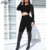 Fall Black Ribbed 2 Two Piece Sets Womens Outfits 2022 Hooded Long Sleeve Crop Top And Pants Ladies Casual Matching