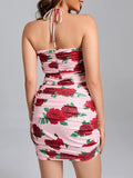 Summer Floral Print Cropped Top+Mini Skirt 2-Piece Set Women Pink Halter Top+Ruched Mini Skirt Suit Party Evening Club