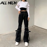 Vintage Y2K Streetwear Bandage Flare Pants Punk Aesthetics High Waist Denim Black Jeans 90s Fashion Long Trousers