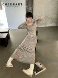 Hazy Oil Painting Long Maxi Dress Long Sleeve A Line Square Neck Designer Dress For Women 2022 Spring High