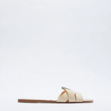 ZARZ Sandals Women's Flat Bottom 2022 Summer New Leather Cross Decoration Flat-Heeled Sandals Beige Lazy Slippers Women