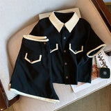 Black Shorts Sets Short Sleeve Turn-down Collar Shirts Hight Waist Shorts High Street Harajuku Solid Hot Casual