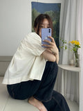 Open Back Puff Sleeve Crop Top Summer 2022 Short Sleeve Blouse Casual Peplum Top White Tie Back Korean Fashion