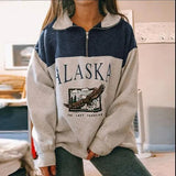 Women Sweatshirt Oversized Alaska Letter Fashion Vintage POLO Collar Casual Pullovers Long Sleeves Winter Hoodie Fleece