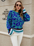 Tops 2022 Women Autumn Winter New Leopard Print Stitching Sweater Streetwear Round Neck Long Sleeve Knitting