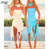 Mesh See Through RUFFLES Flower Strapless Mini Dress Women Patchwork Asymmetrical Elegant Dress Sexy Holiday